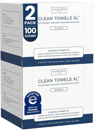 Clean Skin Club Clean Towels XLｮ, 100% USDA Biobased Face Towel, Disposable Face Towelette, Eczema Association Accepted, Makeup Remover Dry Wipes, Ultra Soft, 1 Pack, 50 Ct