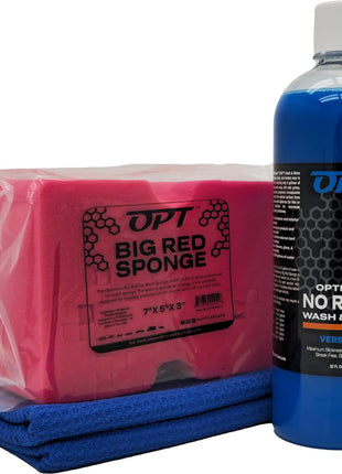 Optimum No Rinse Version 5 (32 Oz), Microfiber Drying Towel, and Big Red Sponge (BRS) Car Cleaning Kit, ONR Rinseless Car Wash, Drying Towel, and Wash Sponge for Washing and Auto Detailing