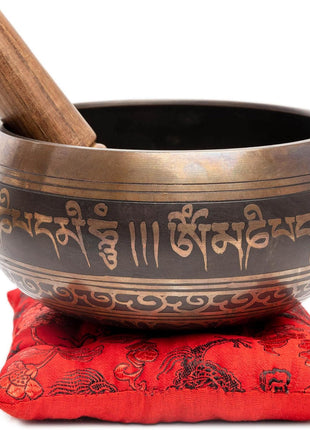 Premium Tibetan Singing Bowl Set – Handmade in Nepal Sound & Meditation Bowl – Spiritual Decor for Yoga, Wellness Spaces & Relaxation by Himalayan Bazaar (Brown & Red)