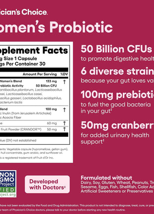 Physician's CHOICE Probiotics for Women   PH Balance, Digestive, UT, & Feminine Health   50 Billion CFU   6 Unique Strains for Her   Organic Prebiotics, Cranberry Extract+   Women Probiotic   30 CT