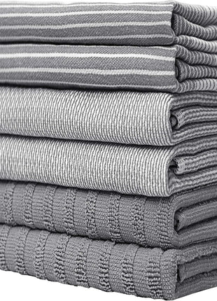 Premium Kitchen Towels 6 Pack 100% Cotton, 20"x28" Dish Towels - Grey | Large Flat & Terry Kitchen Linen Set with Hanging Loops, Highly Absorbent for Washing and Drying Dishes