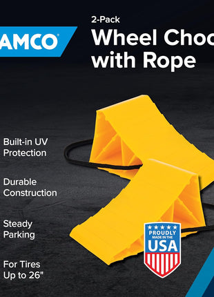Camco Camper & RV Wheel Chock with Rope - Keeps Trailer in-Place to Safely Unhitch or Park - Compatible with Wheels Up to 26" in Diameter & Molded of Heavy-Duty Hard Plastic - 2-Pack - 44471