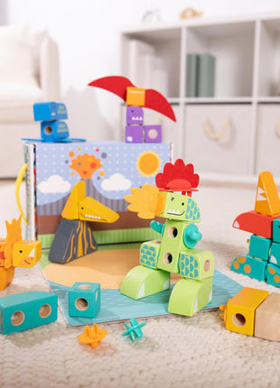 Melissa & Doug BlockablesTM Dinosaur Snap and Play, Mix and Match Connectable Wooden Building Blocks Play Set Toy for Preschool Boys and Girls (69 Pcs) - FSC Certified