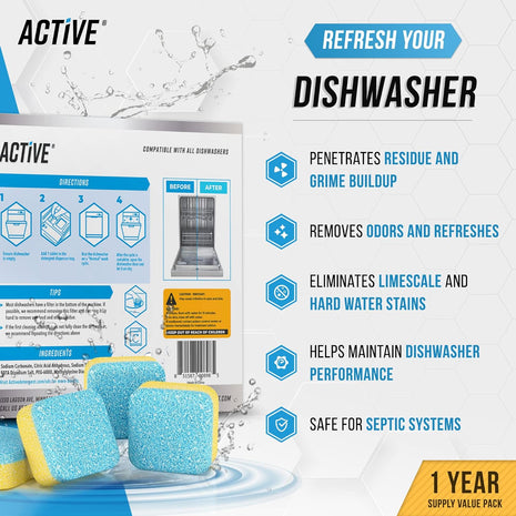 Dishwasher Cleaner And Deodorizer Tablets   24 Pack Deep Cleaning Descaler Pods for Dish Washer Machine, Heavy Duty, Septic Safe, Natural Limescale Remover, Calcium, Odor, Smell   12 Month Supply