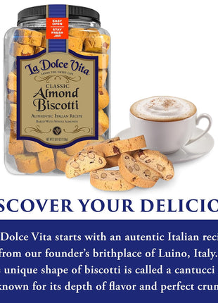 La Dolce Vita Almond Biscotti, Authentic Italian-Style Cookies, 40oz Jar