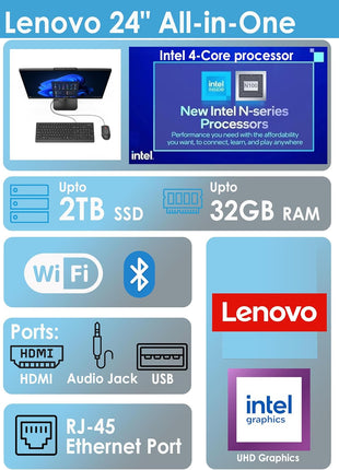 Lenovo 24 23.8" Intel 4-Core 16GB 512GB SSD All-in-One Desktop Computer | FHD IPS Anti-Glare Screen AIO, WiFi 6, USB Keyboard and Mouse, Office 365, Windows 11, Charcoal