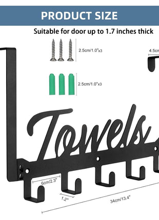 Azmoncy Over The Door Hooks, Towel Rack Towel Hooks for Bathroom, Towel Holder for Hanging Heavy Duty, Door Rack Over Door Hanger with 5 Coat Hooks for Bedroom Bathroom Kitchen, Black