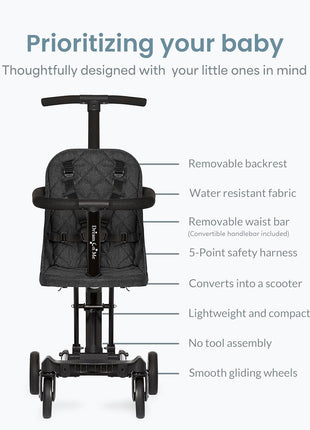 Dream On Me Coast Rider Lightweight Travel Stroller, 45 Lb Limit, Black | 5-Point Harness, Smooth Wheels, Compact Baby & Toddler Stroller, Theme Park Approved, Quick Fold, Converts to Rider & Scooter