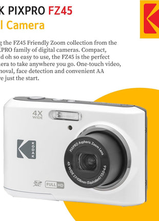 KODAK PIXPRO FZ45 16MP Digital Camera with 4X Optical Zoom 27mm Wide Angle and 2.7" LCD Screen Bundle with 32GB SD Memory Card, AA Batteries (4 Pack), Lens Cleaning Cloth (White)