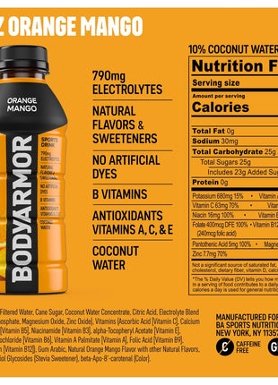 BODYARMOR Sports Drink Sports Beverage, Orange Mango, Coconut Water Hydration, Natural Flavors With Vitamins, Potassium-Packed Electrolytes, Perfect For Athletes, 16 Fl Oz (Pack of 12)