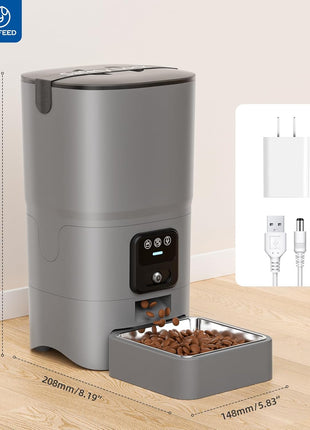 PAPIFEED Automatic Cat Feeder with Camera, 1080P HD & Night Vision, 6L Cat Food Dispenser with App, 5G WiFi Timed Cat Feeder for Dry Food, 2-Way Audio, Smart Pet Feeder for Dog, 1-10 Meals/Day, Grey