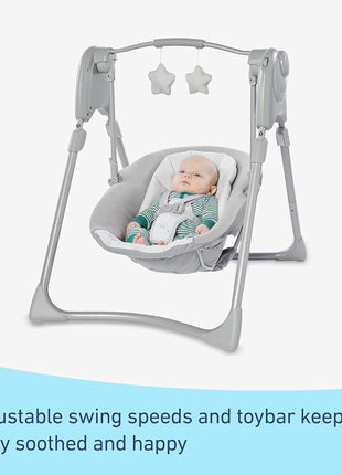 Graco Slim Spaces Compact Baby Swing, Space Saving Portable Bay Swing with Height Adjustable Legs & Soft Toys, Reign
