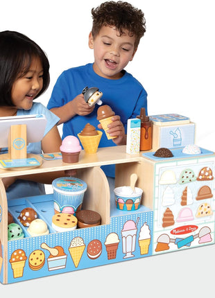 Melissa & Doug Cool Scoops Ice Creamery, Wooden Ice Cream Shop & Counter with Play Food & Play Kitchen Accessories, Preschool Learning Toys for Girls & Boys 3+ - FSC Certified