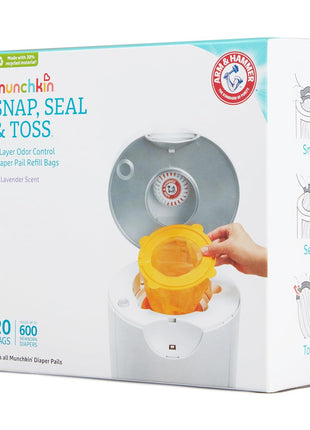 Munchkin Arm & Hammer Diaper Pail Refill Bags, Snap, Seal, Toss Disposable Diaper Trash Bags, Lavender Scented, 20 Pack, Holds up to 600 Newborn Diapers