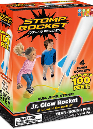 Stomp Rocket Jr Glow Rocket Launcher for Kids, 4 Rockets - Glow in The Dark | Fun Outdoor Toys for Boys & Girls, Ages 3 & Up - Soft Foam Blaster Set Soars Up to 100ft - STEM Toys for Outside & Backyard