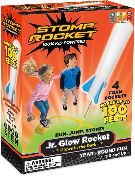 Stomp Rocket Jr Glow Rocket Launcher for Kids, 4 Rockets - Glow in The Dark | Fun Outdoor Toys for Boys & Girls, Ages 3 & Up - Soft Foam Blaster Set Soars Up to 100ft - STEM Toys for Outside & Backyard