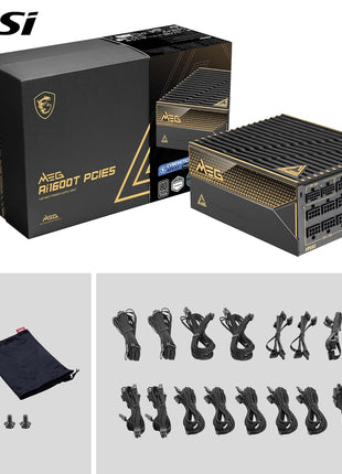 MSI MEG Ai1600T PCIE5, Fully Modular Gaming 1600W Power Supply, 80+ Titanium, Dual 12V-2x6 Cables, Server-Grade Capacitor, ATX 3.1 & PCIe 5.1 Ready, Low-Noise, Braided, 12 Year Warranty