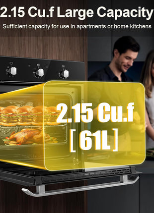 Wall Ovens 24 inch Electric,Built-in Single Wall Ovens, Convection Wall Oven with Rotisserie, 8 Cooking Functions,2900W,240V,2.15Cu.f Mechanical Knobs Control, Black Tempered Glass Finish