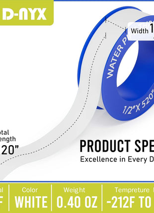 D-NYX Teflon Tape 4 Rolls 1/2 Inch(W) X 520 Inches(L) Teflon Duct Sealant Tape for Shower Head, Plumbing Thread Tapes, Water Pipe Sealing Plumbers PTFE Thread Seal, Pipe Dope Plumbers Accessories