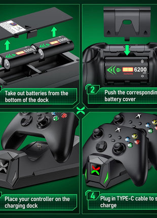 Upgraded Controller Charger Station with 2x6200mWh Rechargeable Battery Packs for Xbox One/Series X|S, Dual Charging Dock for Xbox One Battery Pack (Controller not Included)
