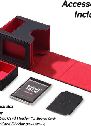 Card Deck Box for MTG Commander - Patented Design, Commander Display, Fits 100 Double-Sleeved Cards, 35pt Card Brick & Dice Tray - Black/Red
