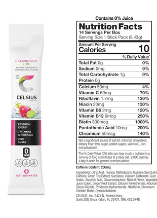 CELSIUS® On-The-Go Powder Sticks Dragonfruit Lime, Essential Energy 2.8 Oz