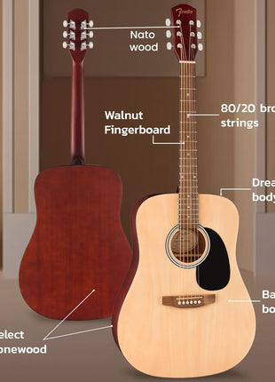 Fender Dreadnought Acoustic Guitar   Natural Bundle with Gig Bag, Strap, Strings, Picks, and Austin Bazaar Instructional Video