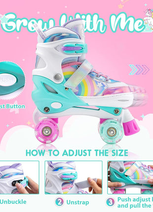Rainbow Unicorn 4 Size Adjustable Roller Skates for Girls Boys for Kids Ages 3-5 5-8 6-12 Children Skates Indoor Outdoor