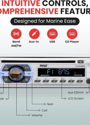 Boat Bluetooth Marine Stereo Receiver - Marine Head Unit Din Single Stereo Speaker Receiver - Wireless Music Streaming/Hands-Free Calling/CD Player/MP3/USB/Aux/ Marine AM FM Radio - Pyle PLCD43MRB