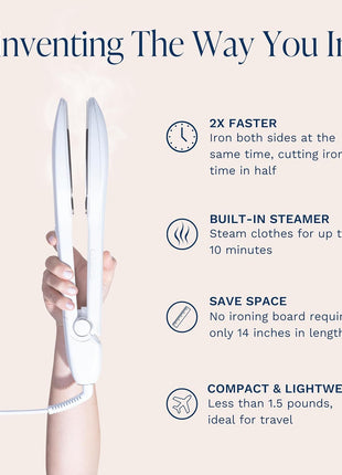 Nori Press Travel Steam Iron - Handheld Iron with 6 Fabric Settings - White | Optional steam feature, no ironing board required, removes wrinkles, easy to use, user manual included