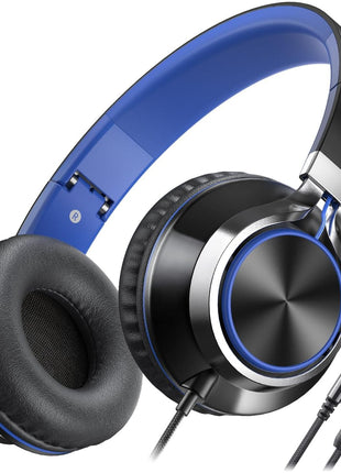 AILIHEN C8 Headphones Wired, On-Ear Kids Headphones with Microphone and Volume Control Foldable Corded Stereo 3.5mm Headset for School Teens Smartphones Chromebook Laptop Tablets Travel (Black Blue)