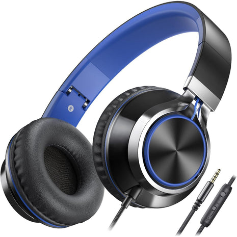 AILIHEN C8 Headphones Wired, On-Ear Kids Headphones with Microphone and Volume Control Foldable Corded Stereo 3.5mm Headset for School Teens Smartphones Chromebook Laptop Tablets Travel (Black Blue)