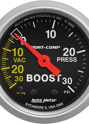 Auto Meter 3303 Sport-Comp Mechanical Boost/Vacuum Gauge,2.3125 in.