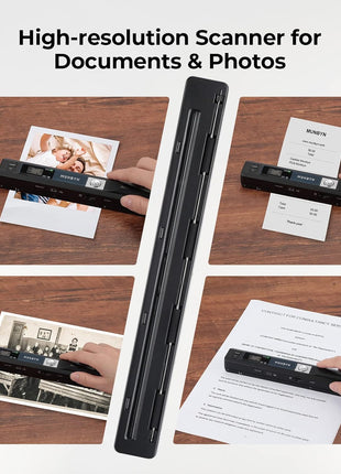 MUNBYN Portable Scanner, 900 DPI Handheld Wand Scanner, A4, 16GB SD, Black | A4 document/photo scanning, JPG/PDF output, flat scanning, USB transfer to PC/laptop, 16GB SD card included, no driver needed