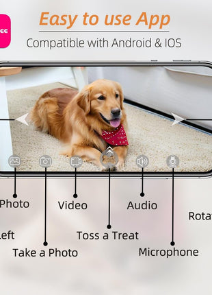 Petalk AI II Dog Camera with Auto Treat Dispenser, No Subscription Fee, 1080p HD, 180° Full-Room View 2-Way Audio, Night Vision, 2.4GHz WiFi Only