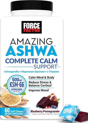 Force Factor Amazing Ashwa Complete Calm Support with KSM-66 Ashwagandha | Like Ashwangandha Gummies to Promote Calm & Relaxation with Magnesium & L-Theanine, Blueberry Pomegranate, 60 Soft Chews