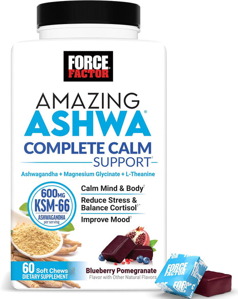 Force Factor Amazing Ashwa Complete Calm Support with KSM-66 Ashwagandha | Like Ashwangandha Gummies to Promote Calm & Relaxation with Magnesium & L-Theanine, Blueberry Pomegranate, 60 Soft Chews