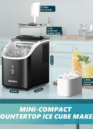 EUHOMY Ice Cube Maker Machine Countertop with External Water Tank, 2 Ways to Add Water, 34Lbs/Day, 16Pcs Ready in 7 Mins, Auto-Cleaning, with Ice Scoop & Basket, for Home/Kitchen/Office/Bar (Black)