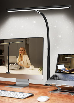 Airlonv LED Desk Lamp for Office Home, Eye-Caring Desk Light with Stepless Dimming Adjustable Flexible Gooseneck, 10W USB Adapter Desk Lamp with Clamp for Reading, Study, Workbench (Black)