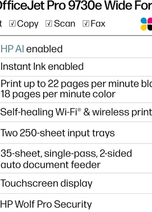 HP OfficeJet Pro 9730e Wide Format Wireless All-in-One Color Inkjet Printer, Print, scan, Copy, ADF, Duplex Printing Best-for-Office, 3 Month Instant Ink Trial Included, AI-Enabled (537P6A)