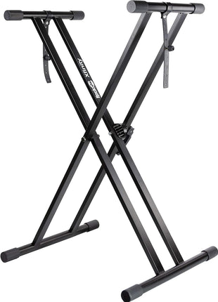 RockJam Xfinity Double X Keyboard Stand, Pre-Assembled & Adjustable | Pre-assembled double X keyboard stand with safety lock and straps for full size digital pianos, lessons and stage