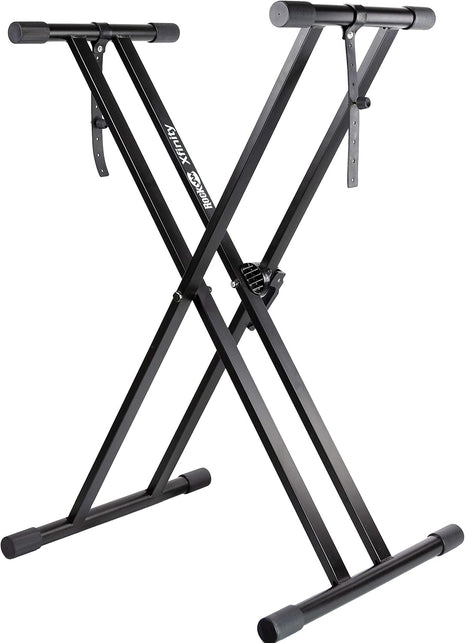 RockJam Xfinity Double X Keyboard Stand, Pre-Assembled & Adjustable | Pre-assembled double X keyboard stand with safety lock and straps for full size digital pianos, lessons and stage
