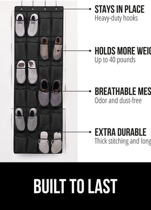 GORILLA GRIP Over the Door Shoe Organizer, 24 Large Breathable Mesh Pockets, Space Saving Hanging Storage Holder, Closet Rack Hanger Holds Up to 40 lbs, Hangs on Closets for Shoes, Accessories, Black