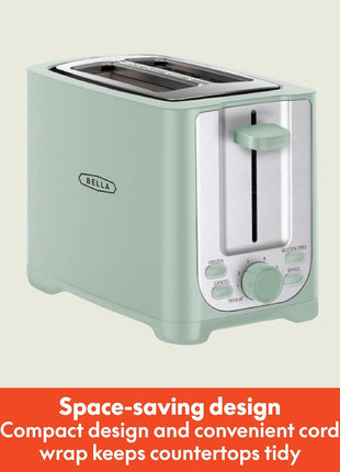 BELLA 2 Slice Toaster with Auto Shut Off   Extra Wide Slots & Removable Crumb Tray and Cancel, Defrost & Reheat Function   Toast Bread, Bagel & Waffle, Sage