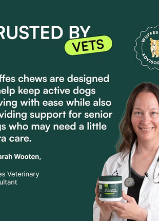 Wuffes Advanced Dog Hip and Joint Supplement with Glucosamine, Chondroitin, Omega 3, MSM, and Green Lipped Mussel, 60 Pork Flavored Chews for Small and Medium Dog Breeds