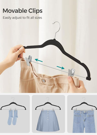 SONGMICS 30-Pack Pants Hangers, 16.7-Inch Long Velvet Hanger with Adjustable Clips, Heavy-Duty, Non-Slip Skirt Hangers, Space-Saving for Pants, Skirts, Coats, Dresses, Black UCRF12B30