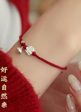 Sdouefos Lotus Flower Bracelet 925 Sterling Silver for Women, Handmade Braided Rope Red String Adjustable Lady Jewelry Red Protection Bracelet for Women Buddhist Spiritual Lucky Amulet Gift