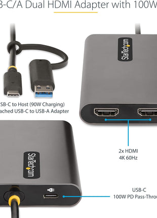 StarTech.com USB-C to Dual-HDMI Adapter, USB-C/A to 2X HDMI Converter, 4K 60Hz, 100W PD Pass-Through, Win/Mac, TAA