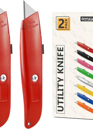 DIYSELF 2Pack Utility Knife Box Cutter Retractable Razor Blade Heavy Duty Box Cutters Knife PVC Pipe Cutter (Red)