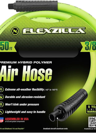 Flexzilla Air Compressor Hose, 3/8 in. x 50 ft., 1/4 in. MNPT Fittings, No-Kink, All Weather, Lightweight, Premium Hybrid Polymer, 300 PSI, ZillaGreen